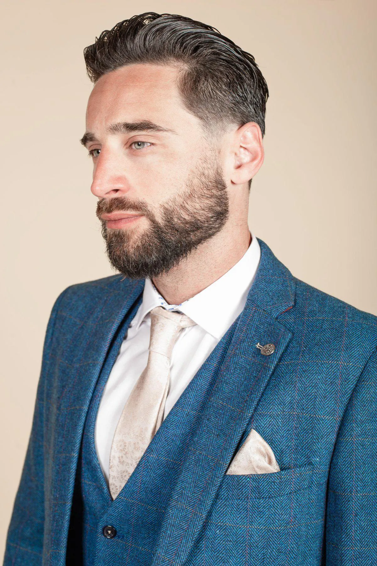 DION - Blue Tweed Check Suit With Kelvin Cream Waistcoat