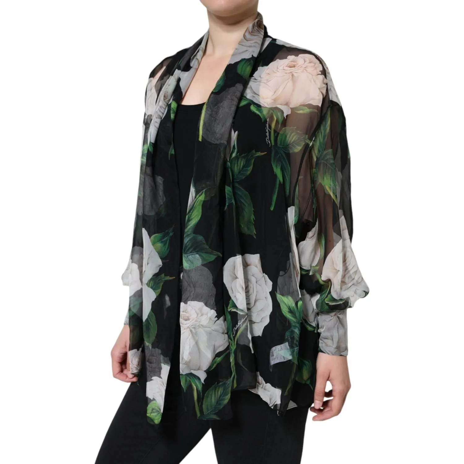 Dolce & Gabbana Black Floral Print Silk Cardigan Blouse Top