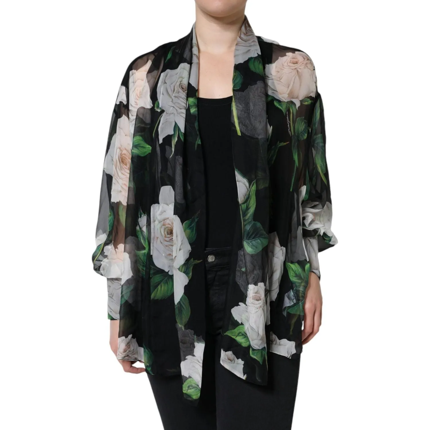 Dolce & Gabbana Black Floral Print Silk Cardigan Blouse Top