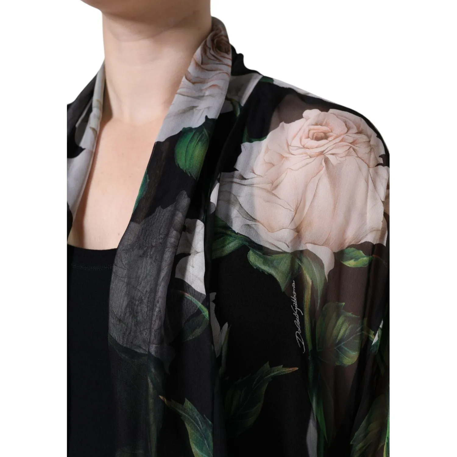 Dolce & Gabbana Black Floral Print Silk Cardigan Blouse Top