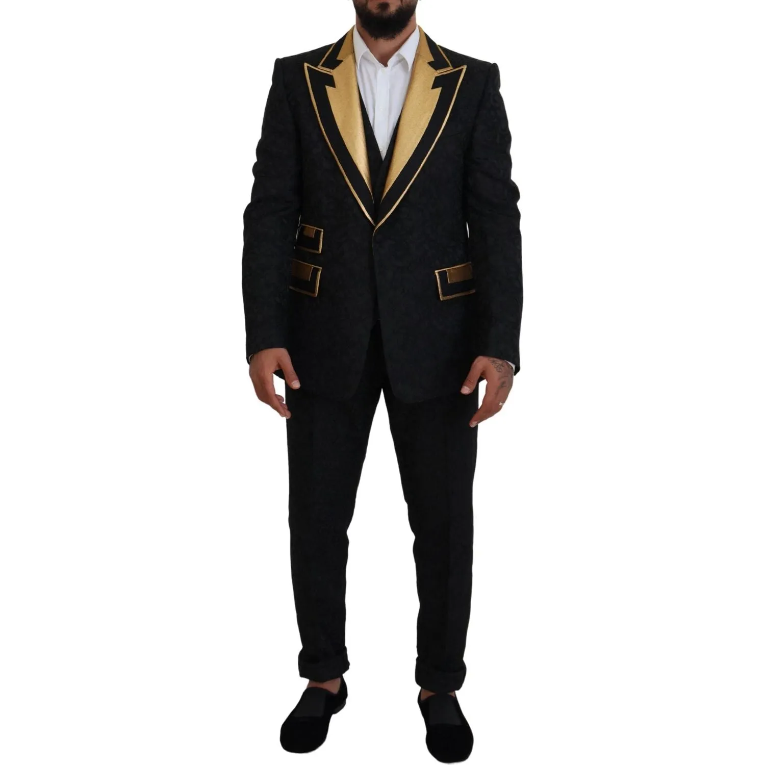 Dolce & Gabbana Elegant Black & Gold Slim Fit 3 Piece Suit