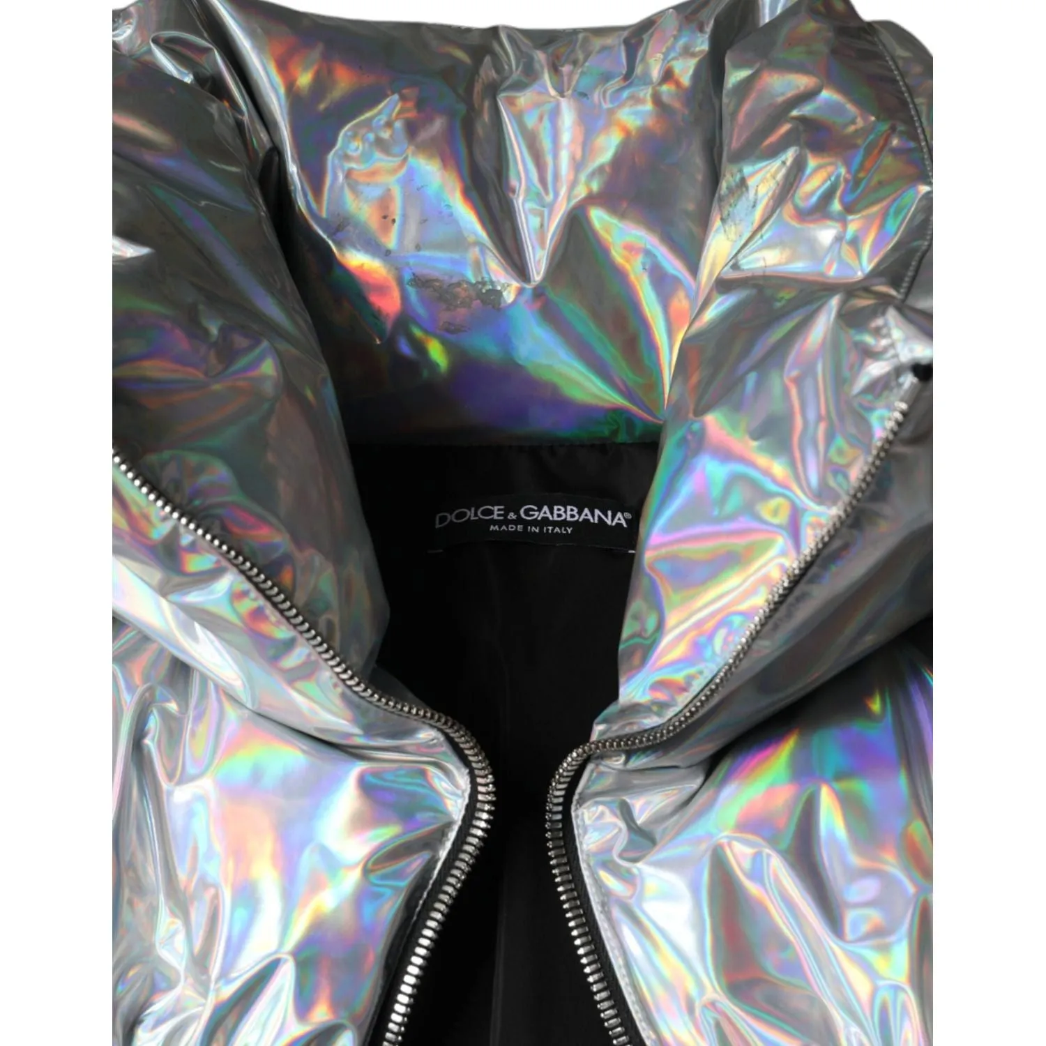 Dolce & Gabbana Silver Iridescent Puffer Full Zip Coat Jacket