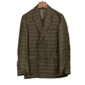 Double-breasted relaxed jacket in dark olive plaid open-weave linen