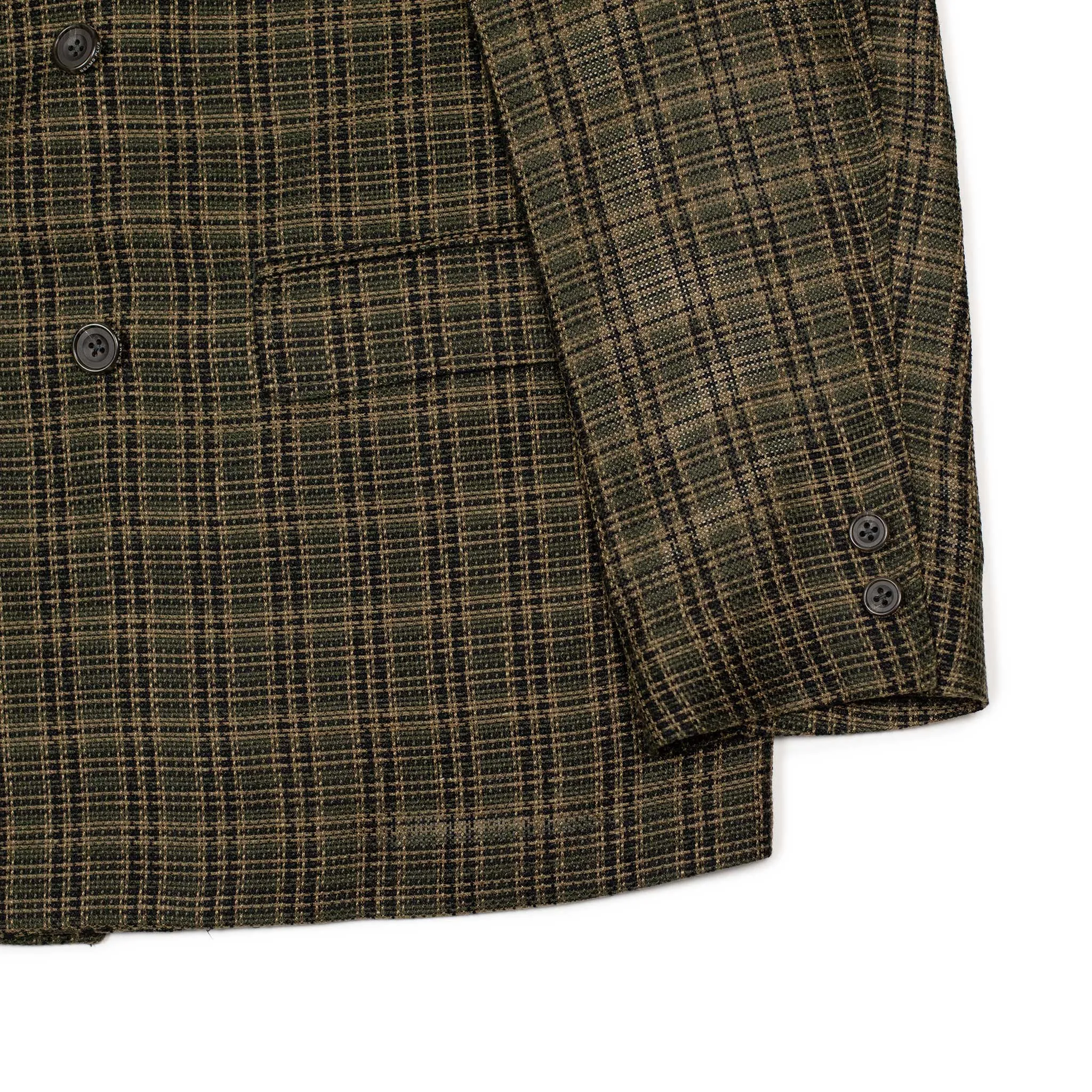 Double-breasted relaxed jacket in dark olive plaid open-weave linen