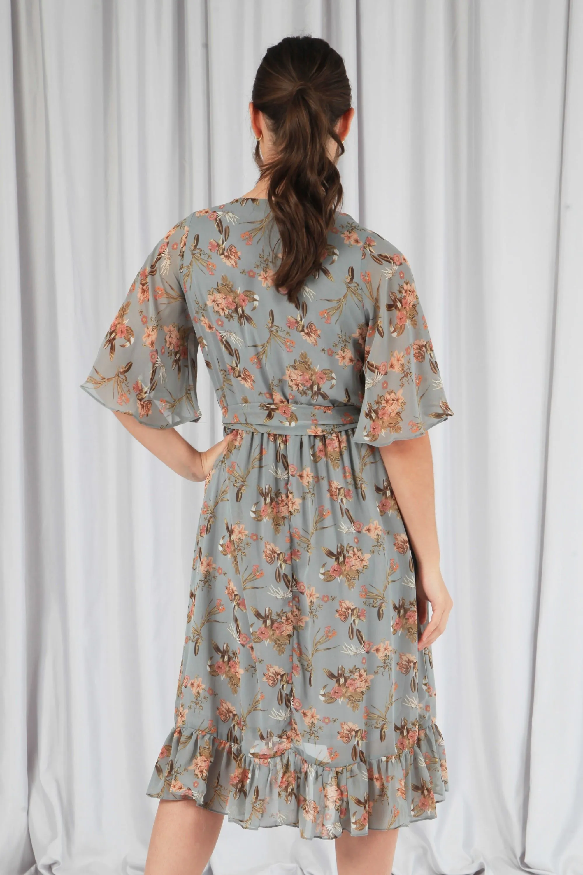 Double Second Floral Print Ruffle Midi Wrap Dress