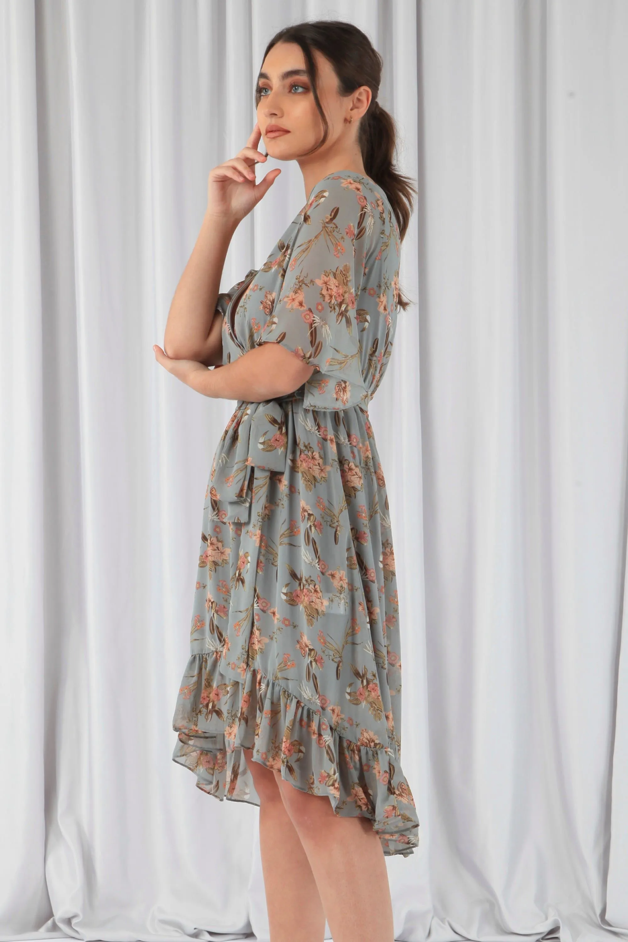 Double Second Floral Print Ruffle Midi Wrap Dress