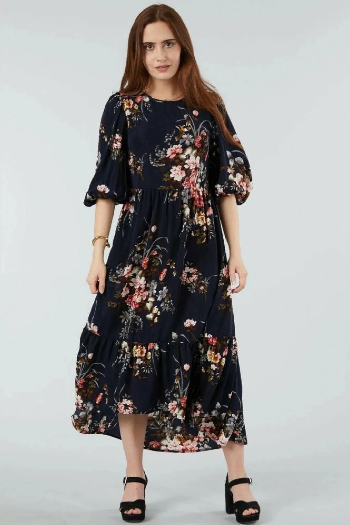 Double Second Navy Floral Printed A-line Tiered Dress