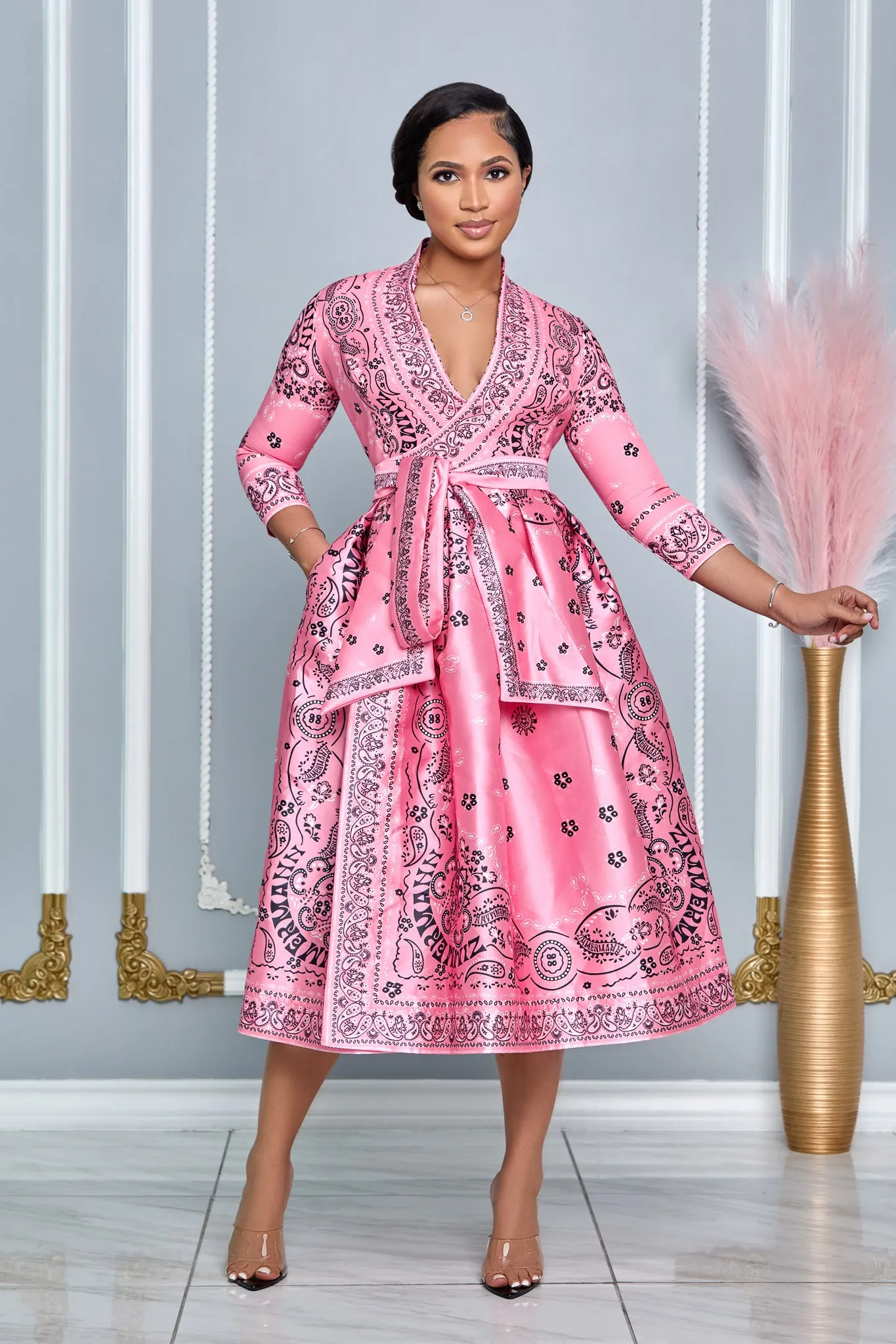 ELEGANT V-NECK 3/4 SLEEVE WRAP AROUND DRESS (PINK MULTI)