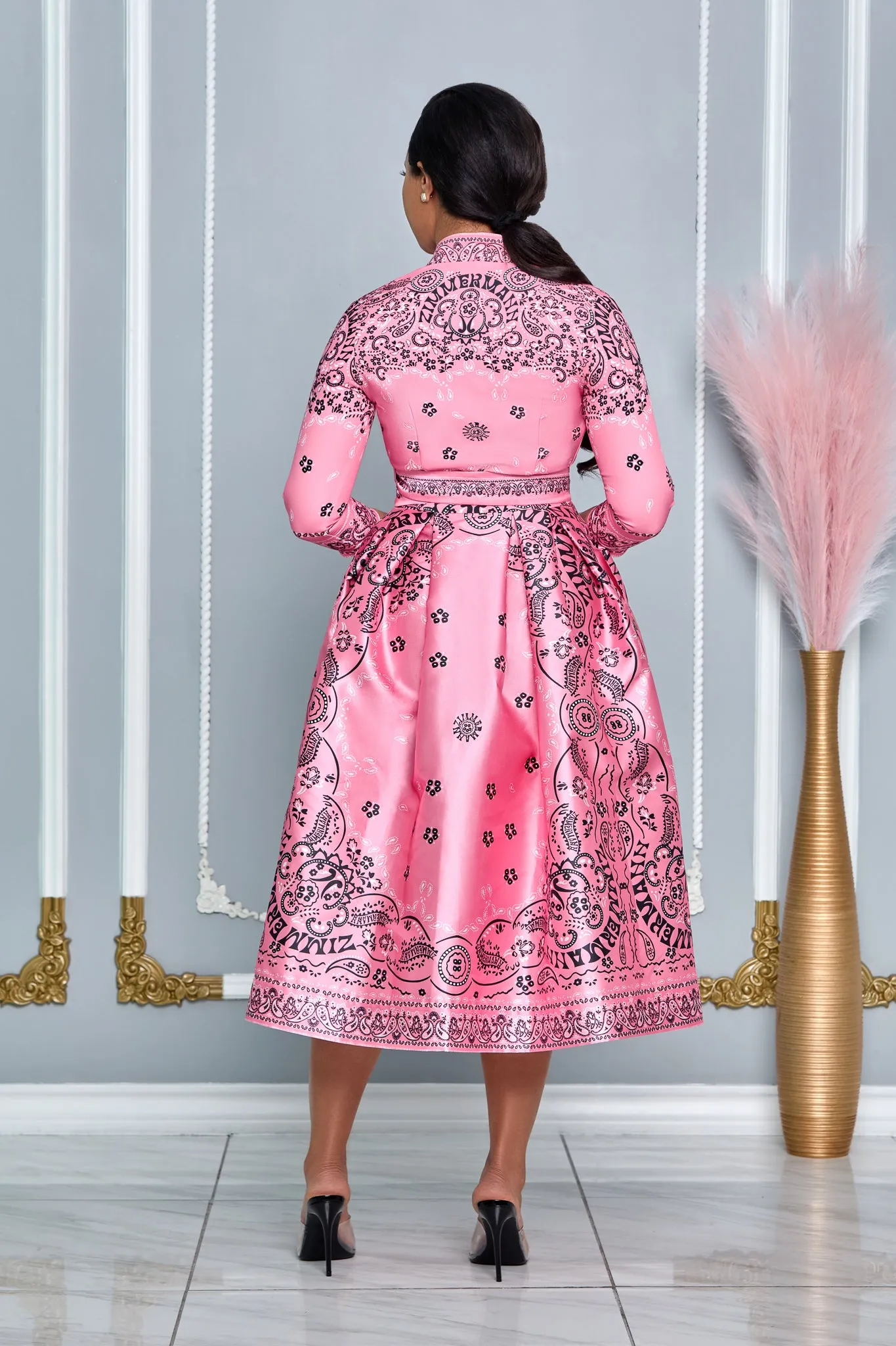 ELEGANT V-NECK 3/4 SLEEVE WRAP AROUND DRESS (PINK MULTI)