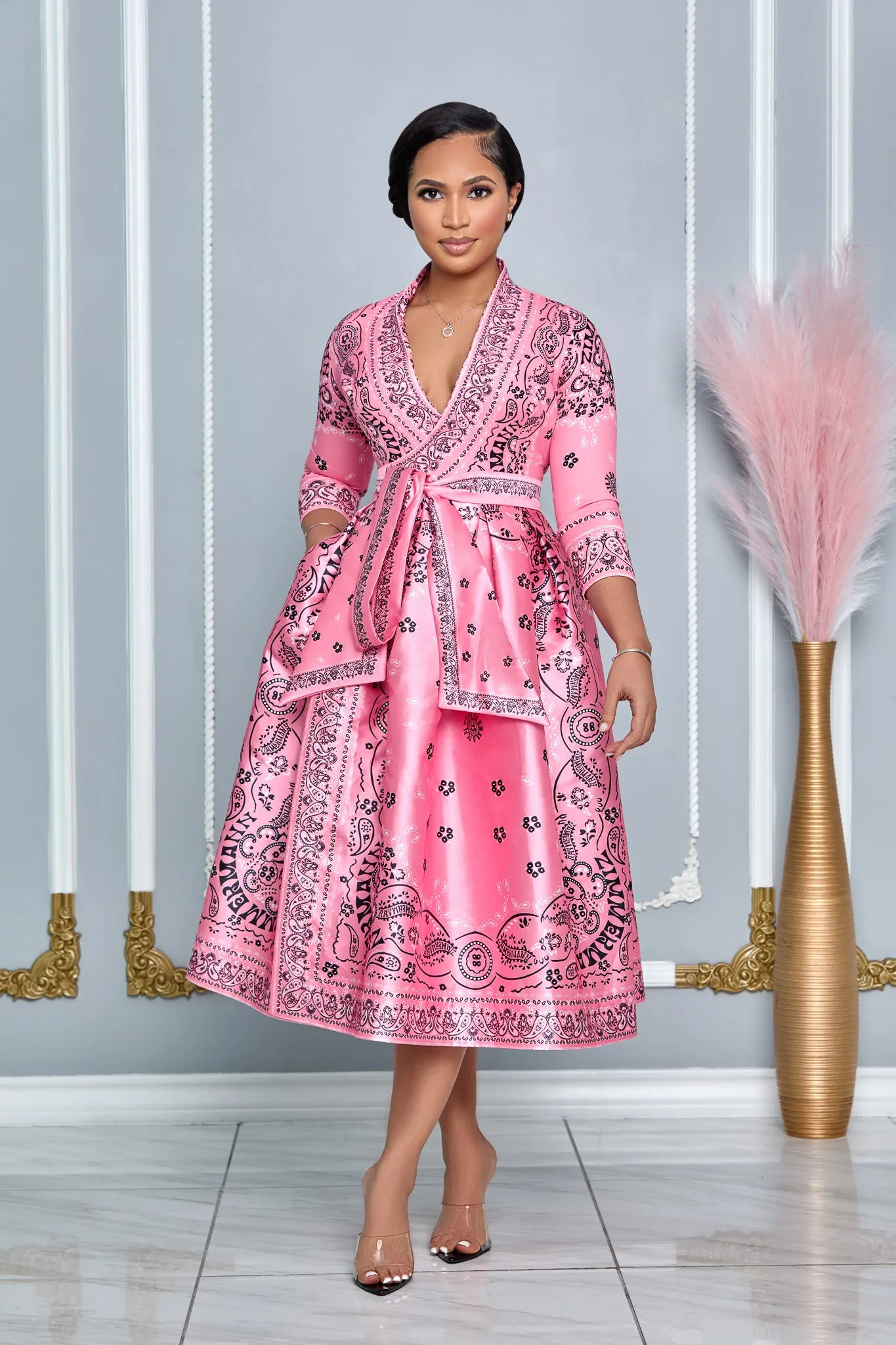 ELEGANT V-NECK 3/4 SLEEVE WRAP AROUND DRESS (PINK MULTI)