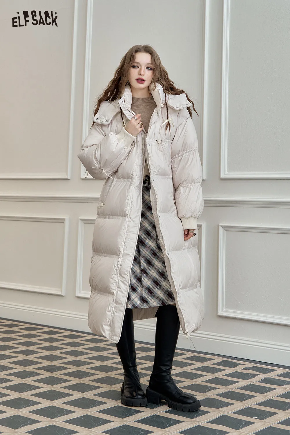 ELFSACK 2024 Autumn New Arrivals 90% White Duck Down Long Hooded Puffer Coat for Women Loose Fit