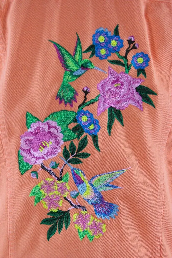 Embroidered Hummingbirds Floral Denim Jacket