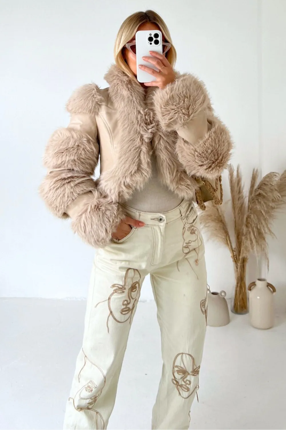 Evelyn cream cropped faux fur leather jacket