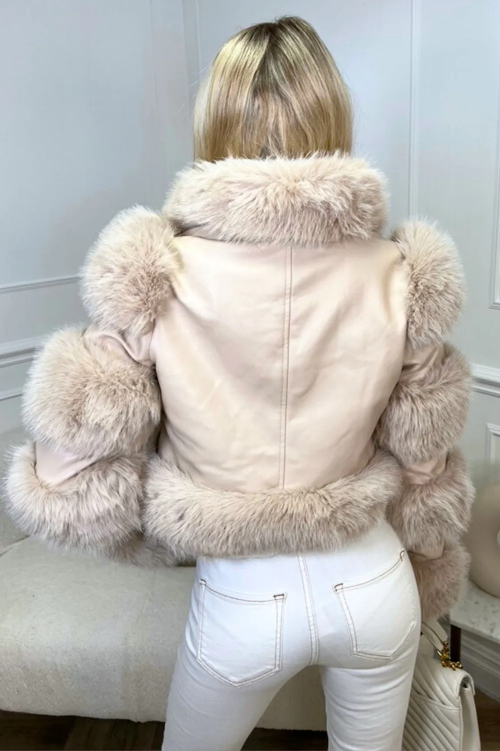 Evelyn cream cropped faux fur leather jacket