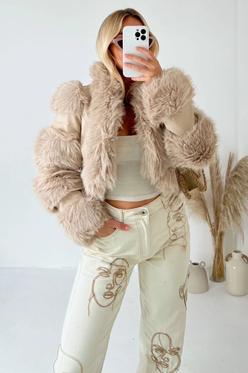 Evelyn cream cropped faux fur leather jacket