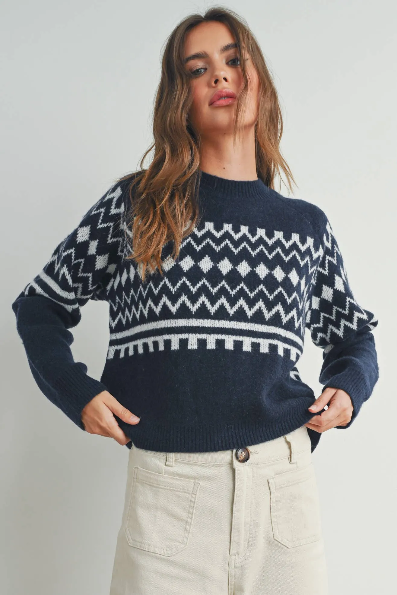 FALL AZTEC PRINTED RAGLAN LONG-SLEEVE FALL SWEATER