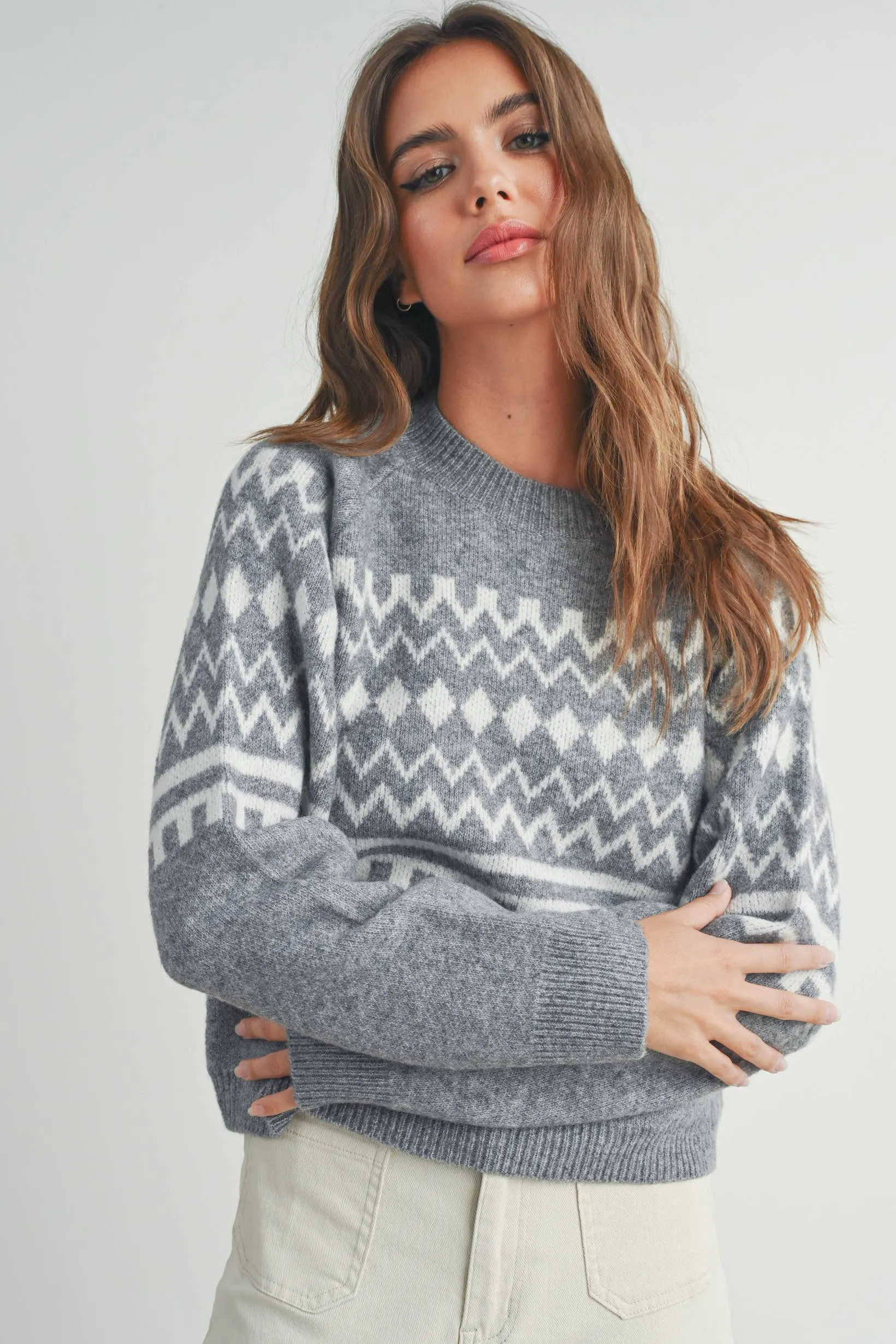 FALL AZTEC PRINTED RAGLAN LONG-SLEEVE FALL SWEATER