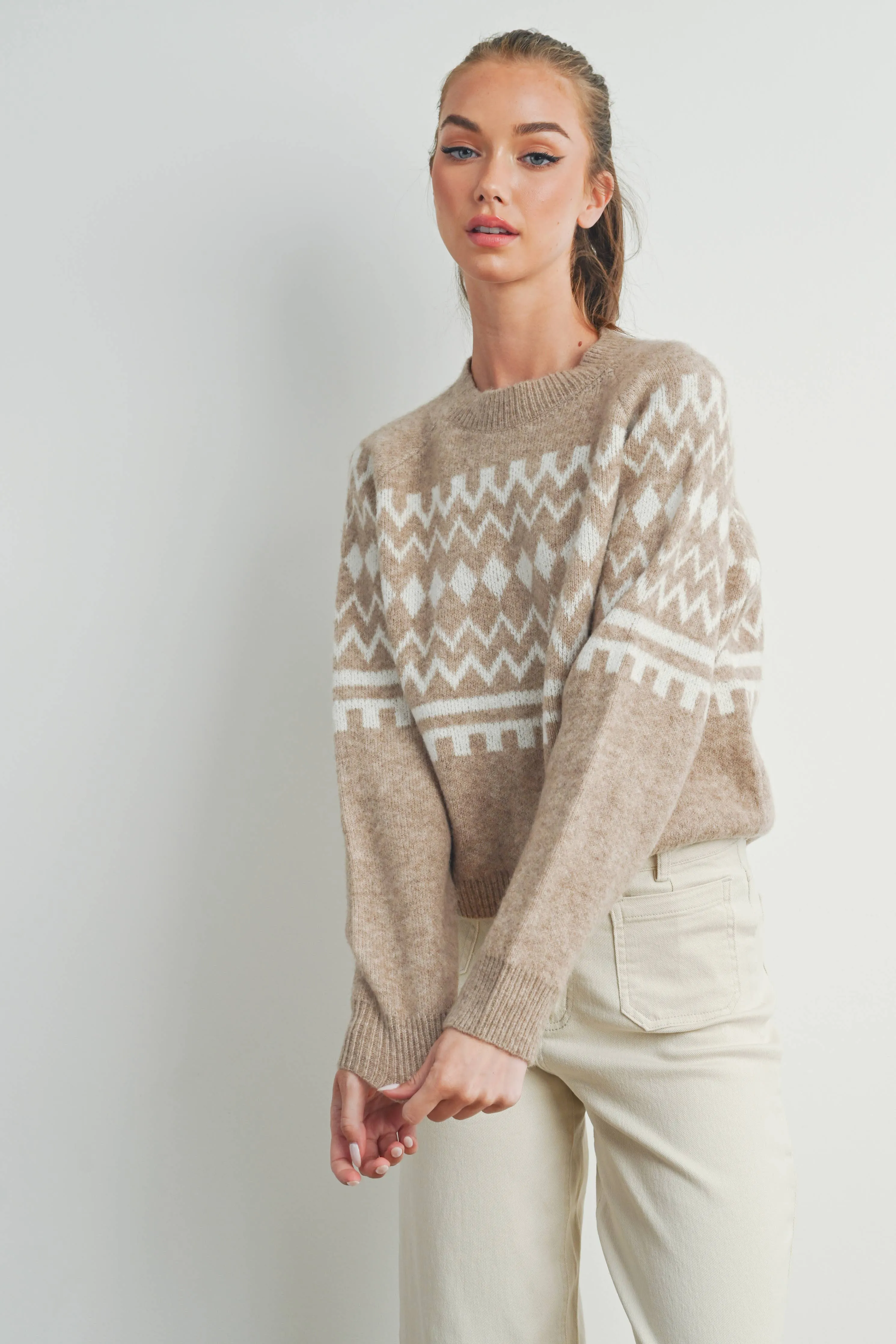 FALL AZTEC PRINTED RAGLAN LONG-SLEEVE FALL SWEATER