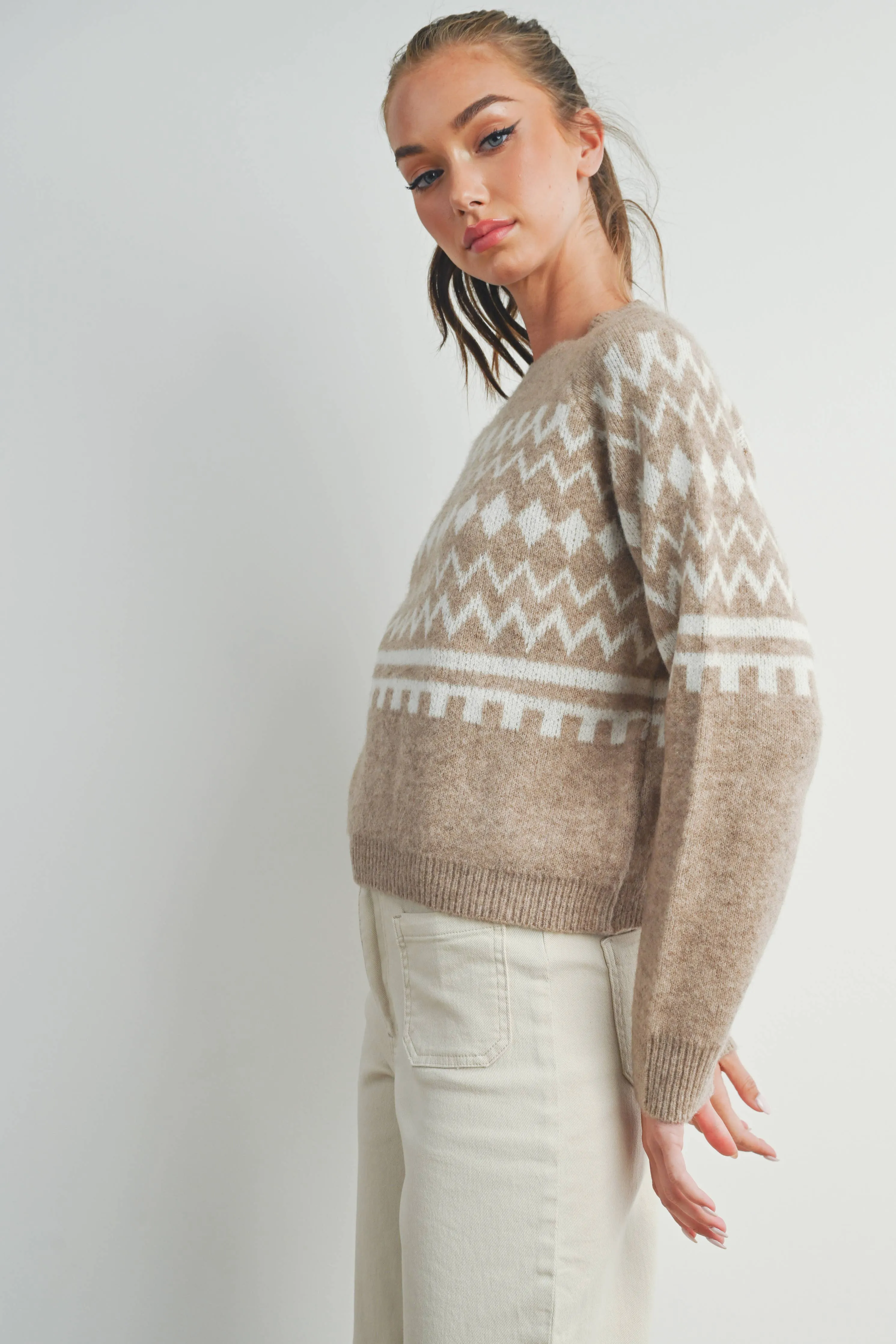 FALL AZTEC PRINTED RAGLAN LONG-SLEEVE FALL SWEATER