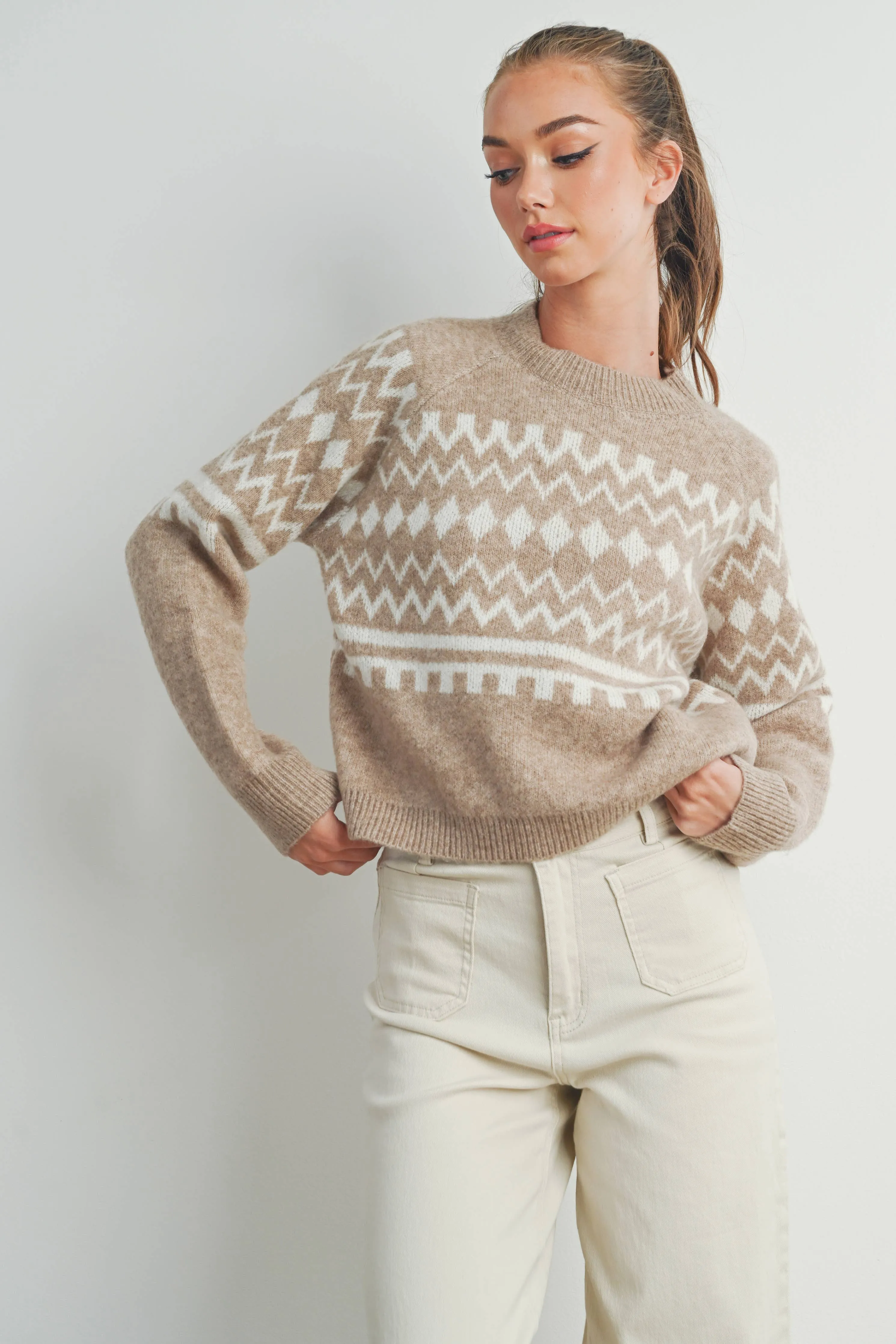 FALL AZTEC PRINTED RAGLAN LONG-SLEEVE FALL SWEATER