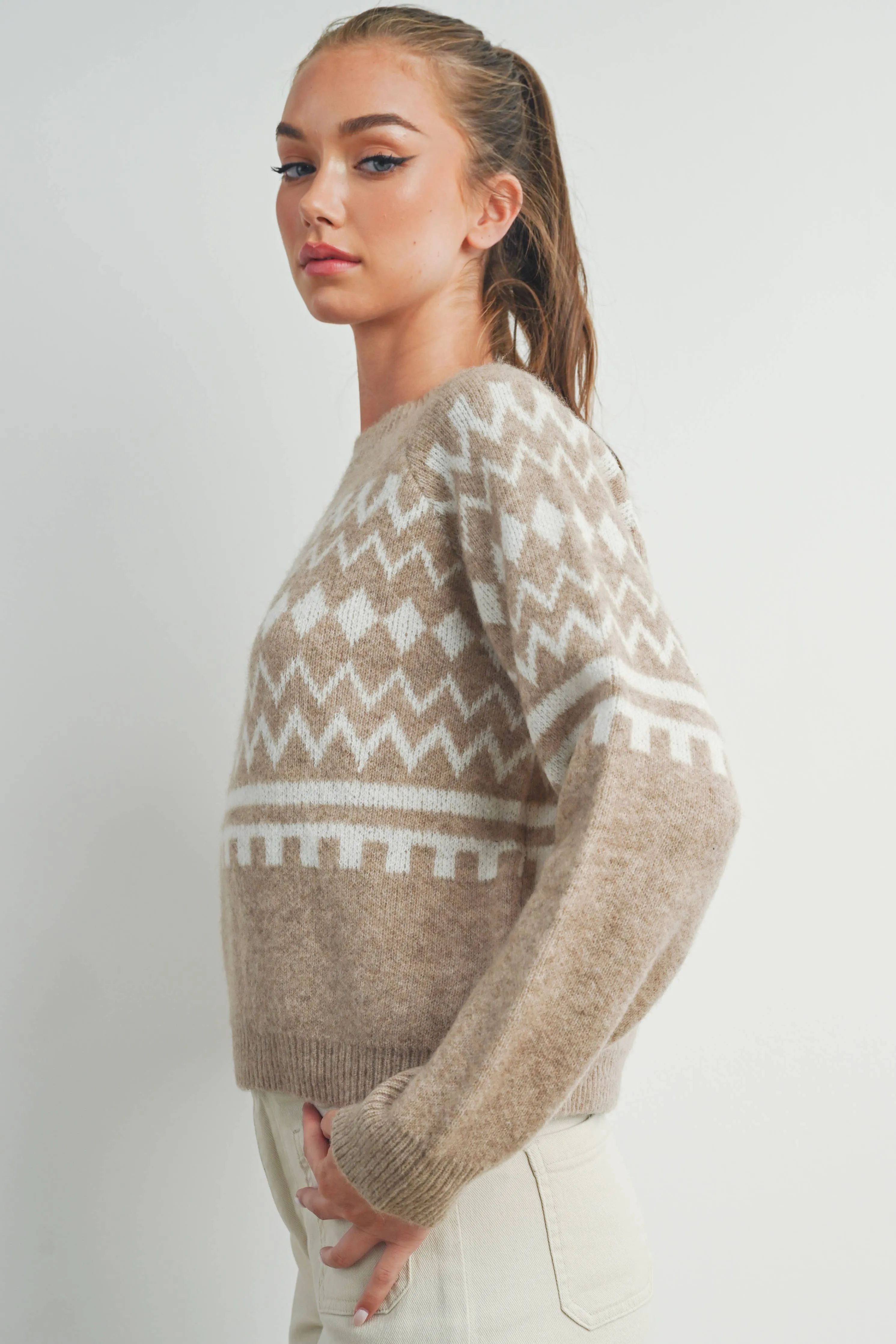 FALL AZTEC PRINTED RAGLAN LONG-SLEEVE FALL SWEATER