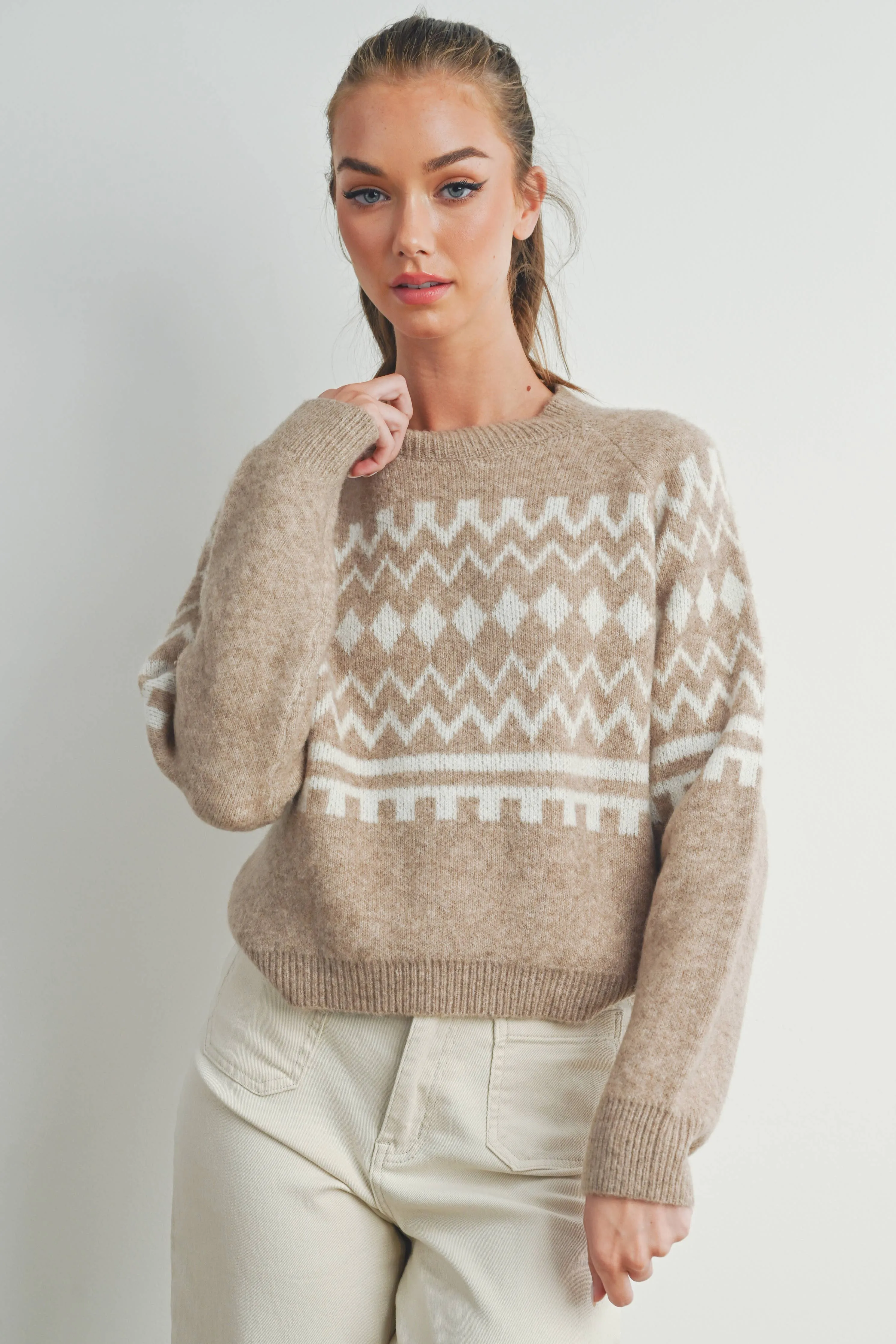 FALL AZTEC PRINTED RAGLAN LONG-SLEEVE FALL SWEATER