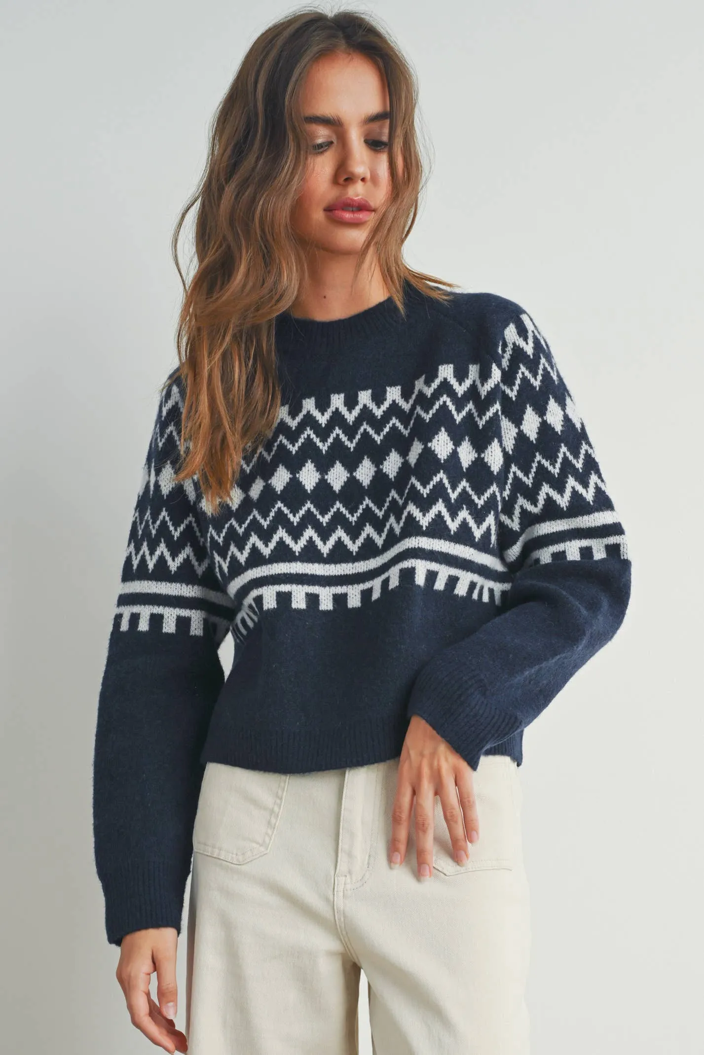 FALL AZTEC PRINTED RAGLAN LONG-SLEEVE FALL SWEATER