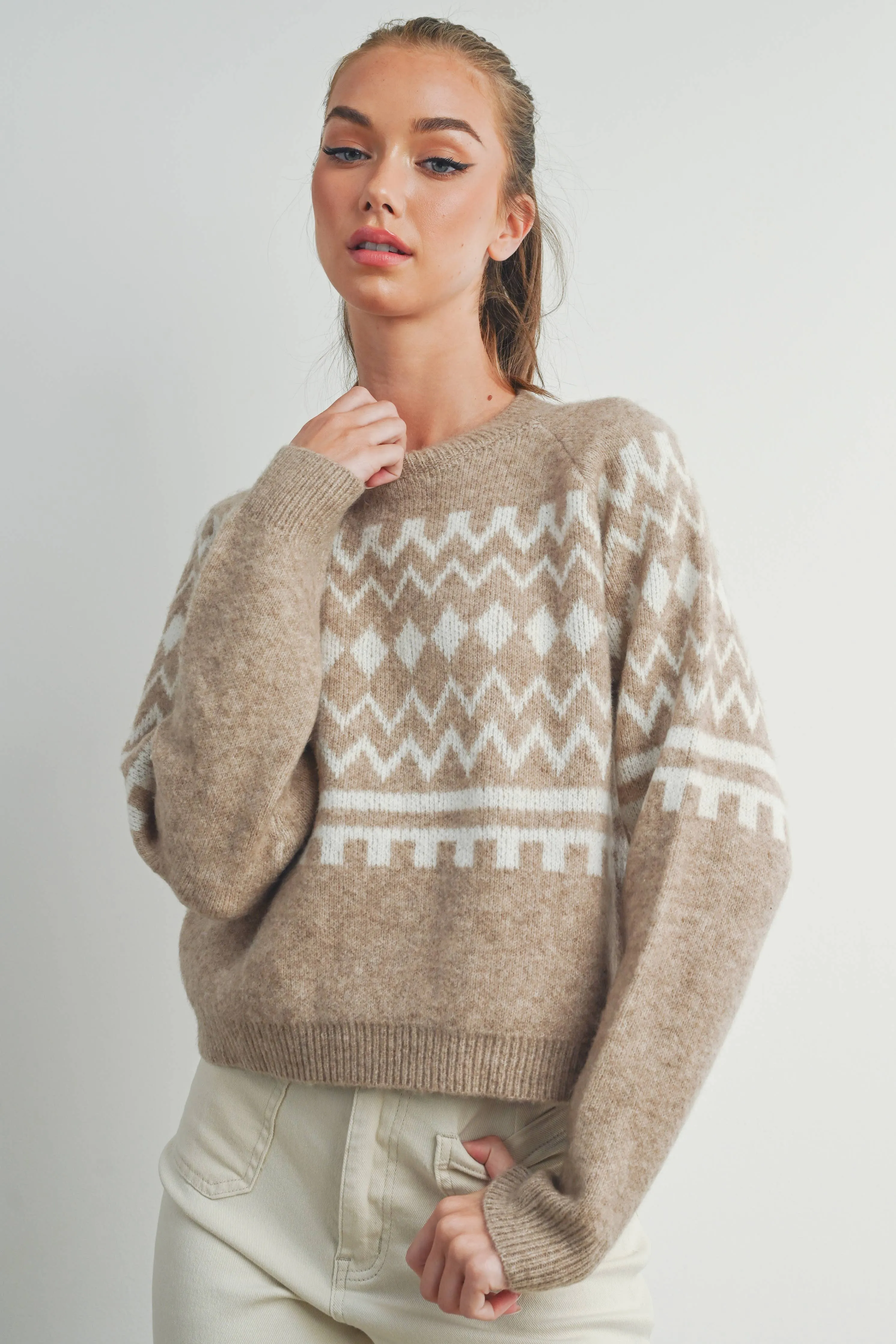 FALL AZTEC PRINTED RAGLAN LONG-SLEEVE FALL SWEATER