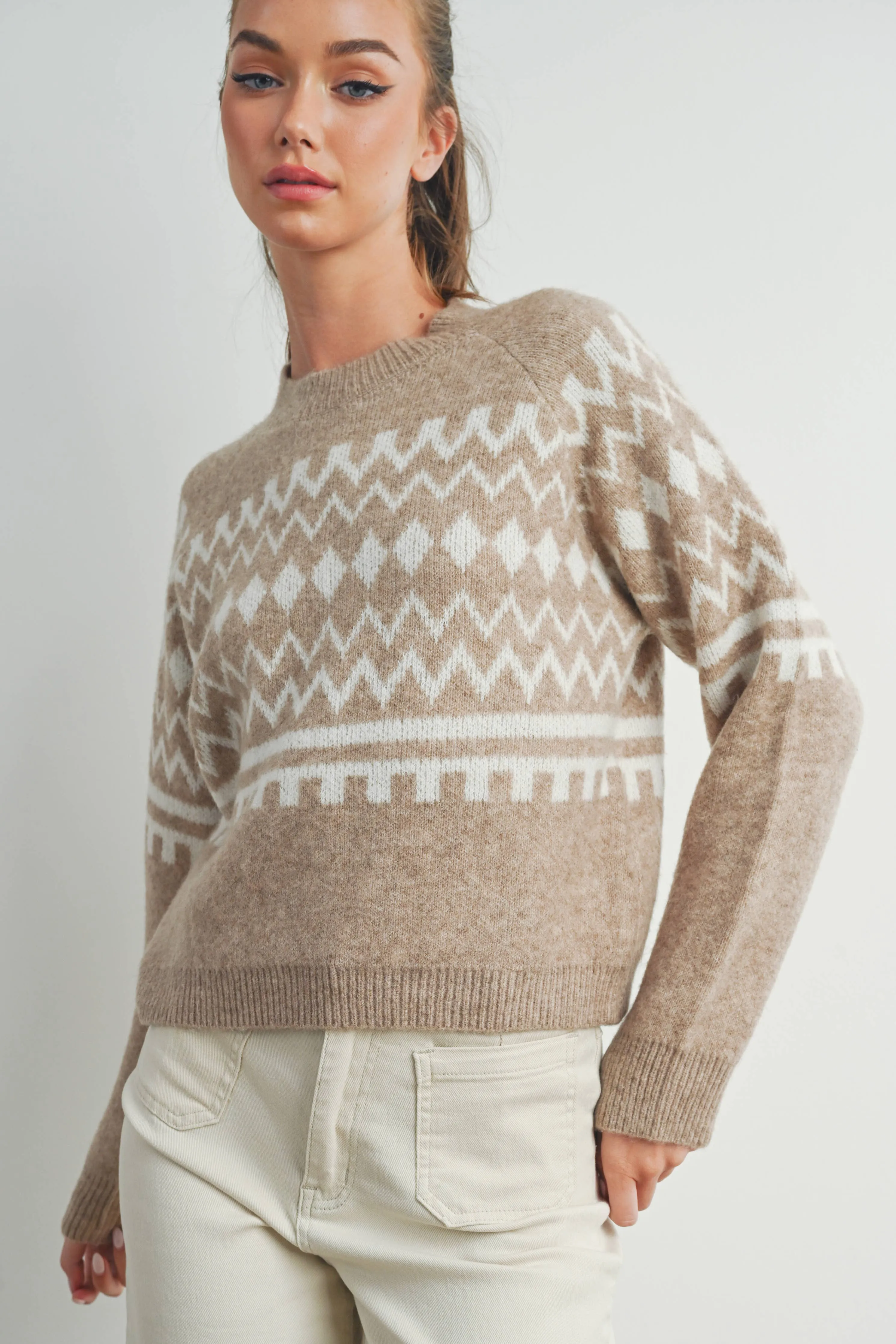 FALL AZTEC PRINTED RAGLAN LONG-SLEEVE FALL SWEATER