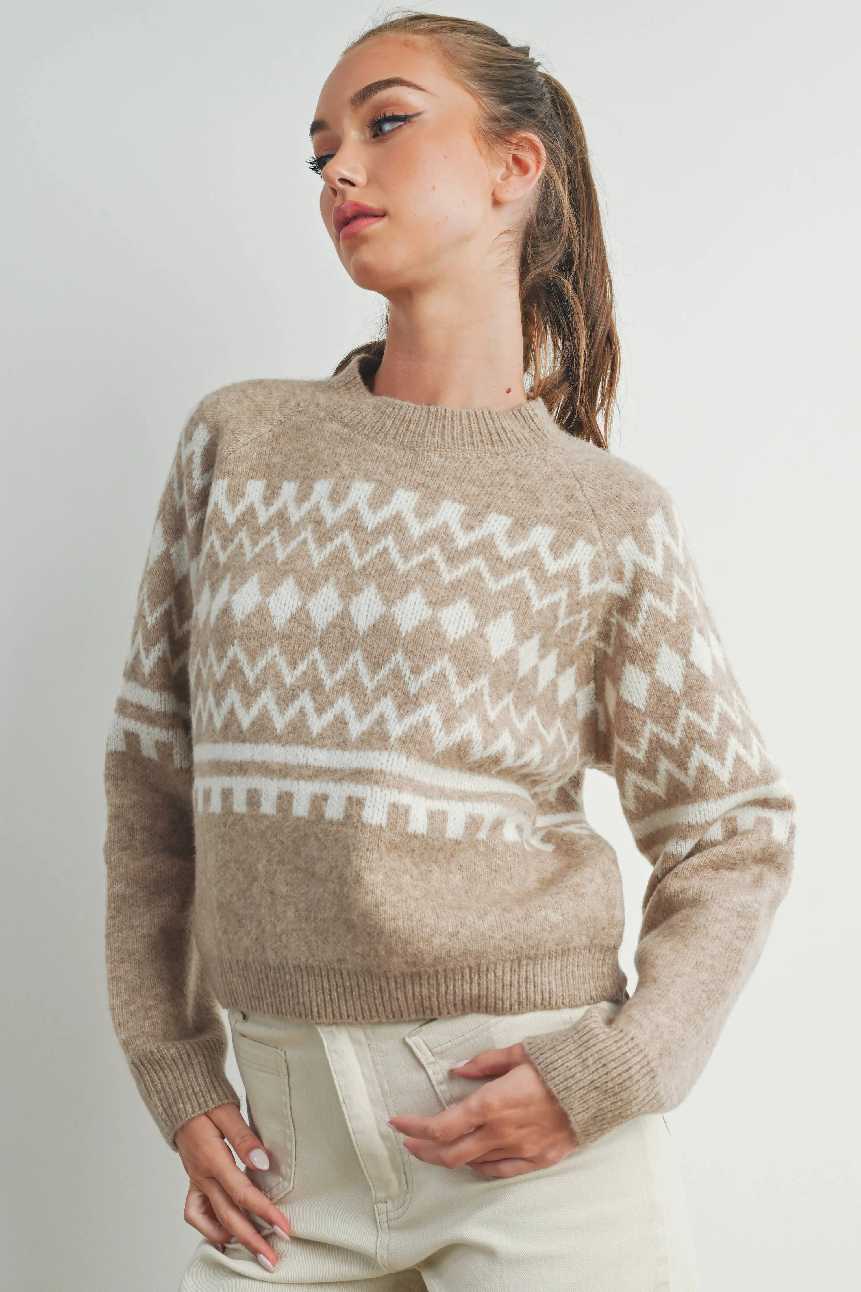 FALL AZTEC PRINTED RAGLAN LONG-SLEEVE FALL SWEATER