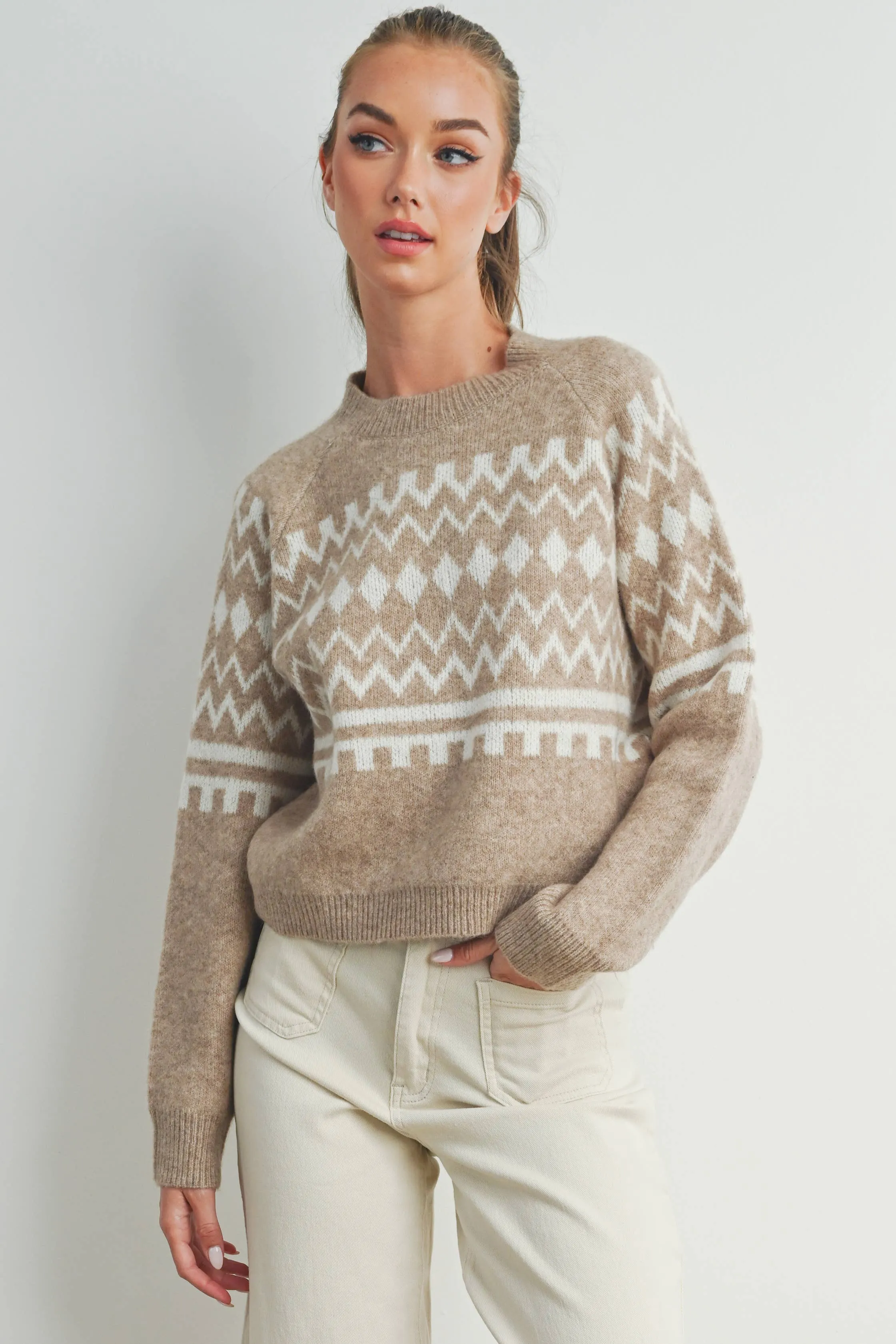 FALL AZTEC PRINTED RAGLAN LONG-SLEEVE FALL SWEATER