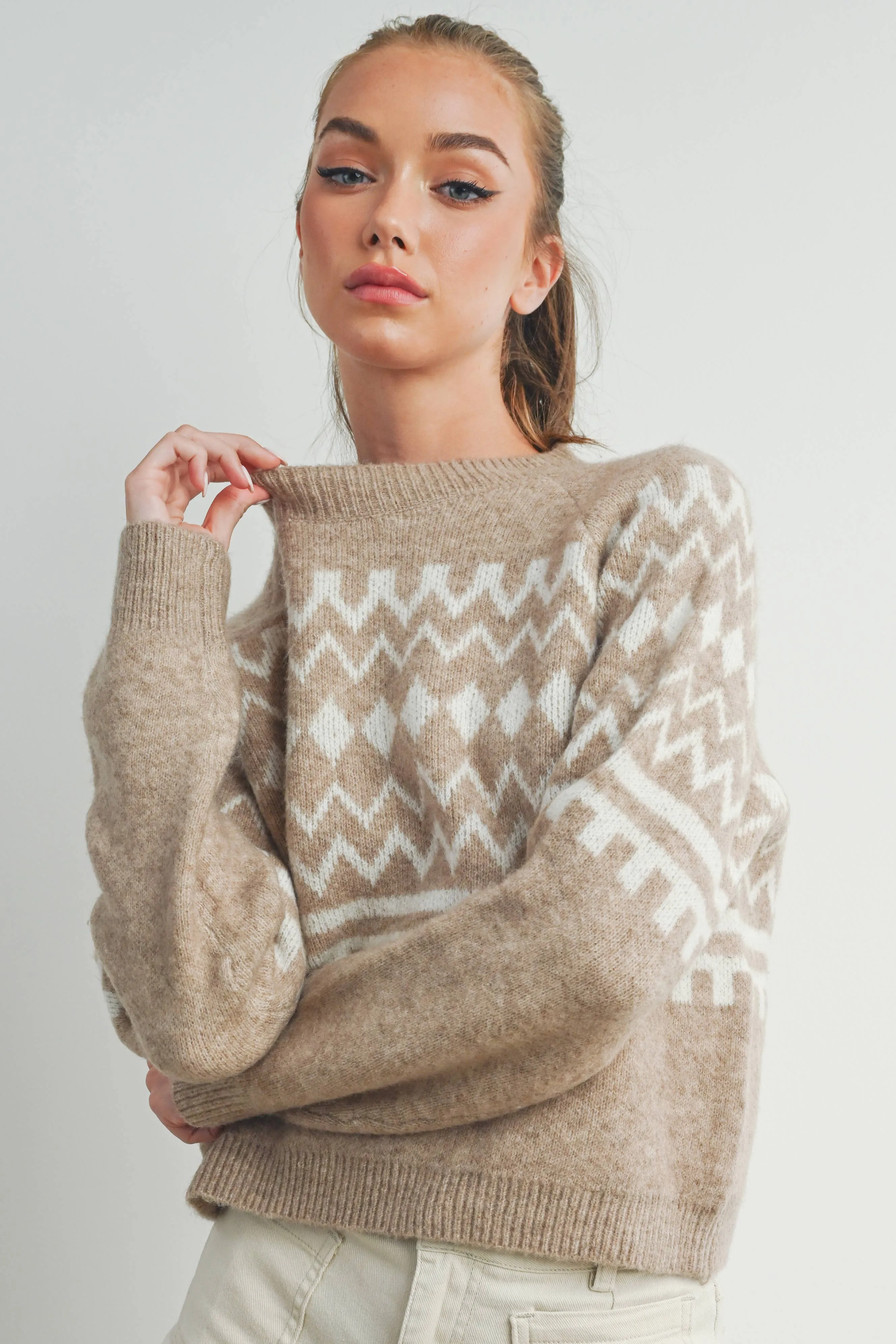 FALL AZTEC PRINTED RAGLAN LONG-SLEEVE FALL SWEATER