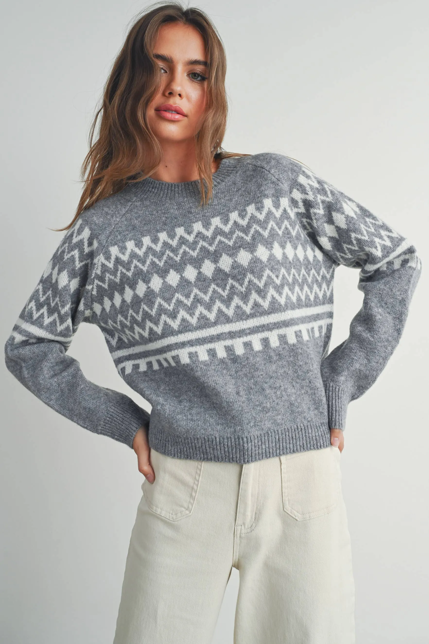 FALL AZTEC PRINTED RAGLAN LONG-SLEEVE FALL SWEATER