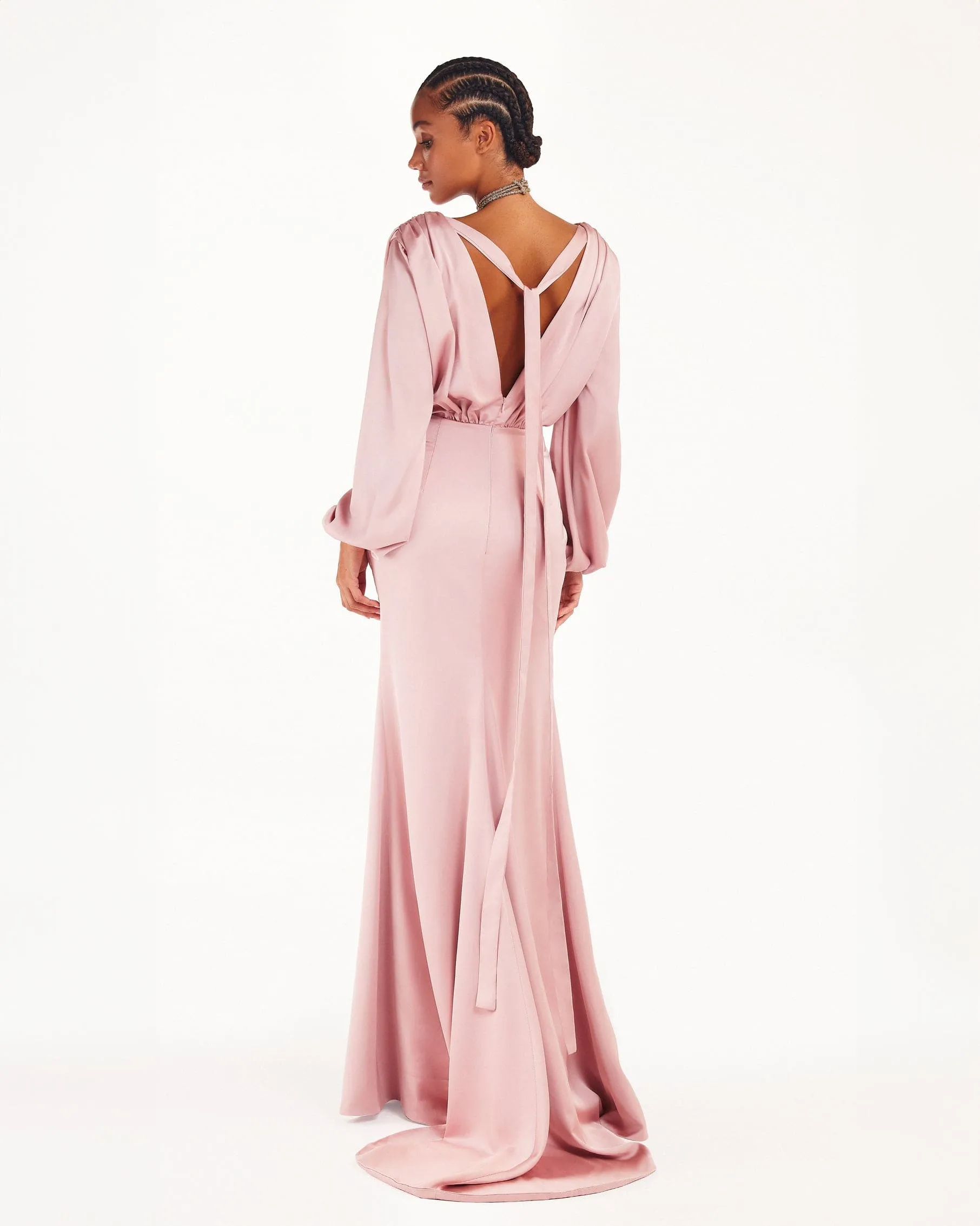 Fancy misty rose silk maxi evening dress