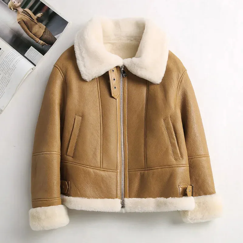 Fashion Shearling Genuine Leather Bomber Jacket for Women (3 colors)