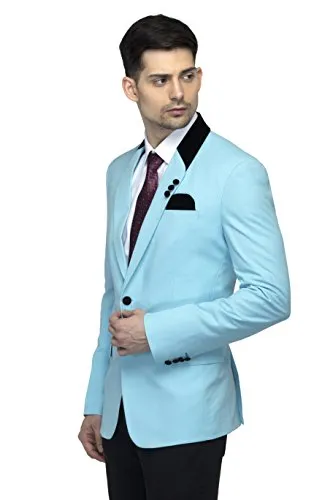 FAVOROSKI Designer Men's Slim Fit Velvet Notch Lapel Collar Single Breasted Blazer (Sky Blue, XS)