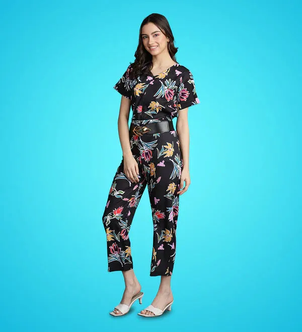 Floral Printed Black Women's Jumpsuit