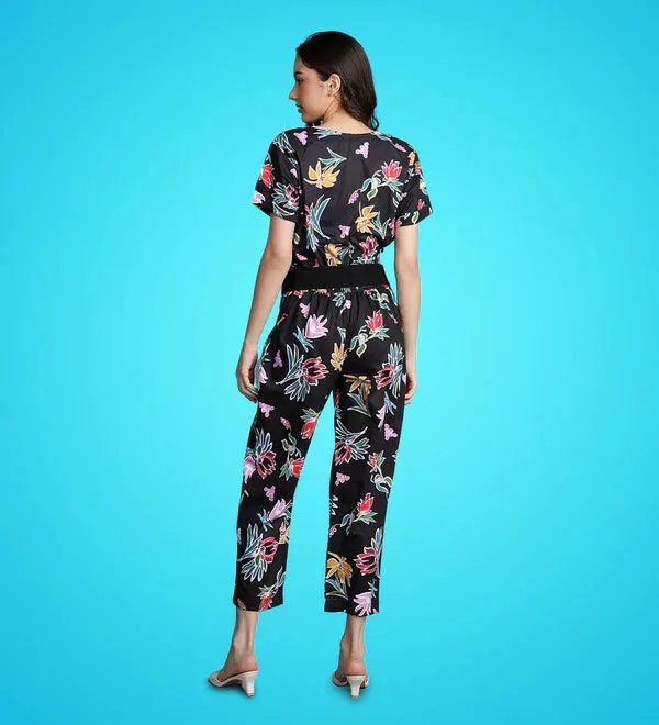 Floral Printed Black Women's Jumpsuit