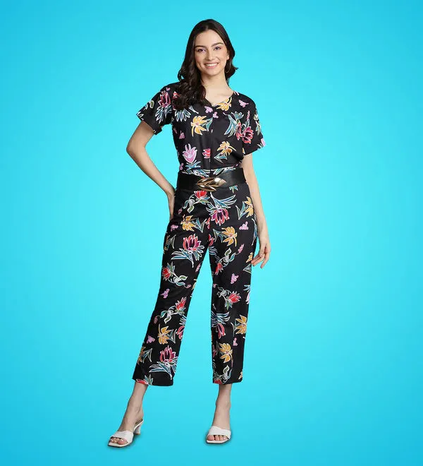 Floral Printed Black Women's Jumpsuit