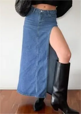 Front Slit Wild Slim Fit Office Overknee Dress Spring High Waist Denim Skirt