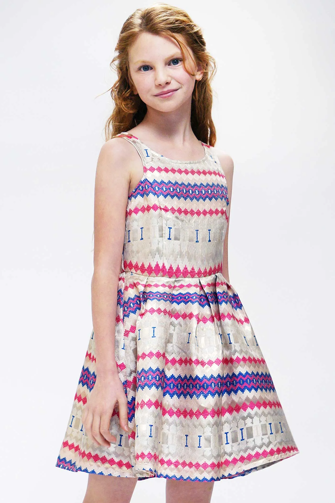 Girls Sleeveless Fit and Flare Geo Print Party Dress