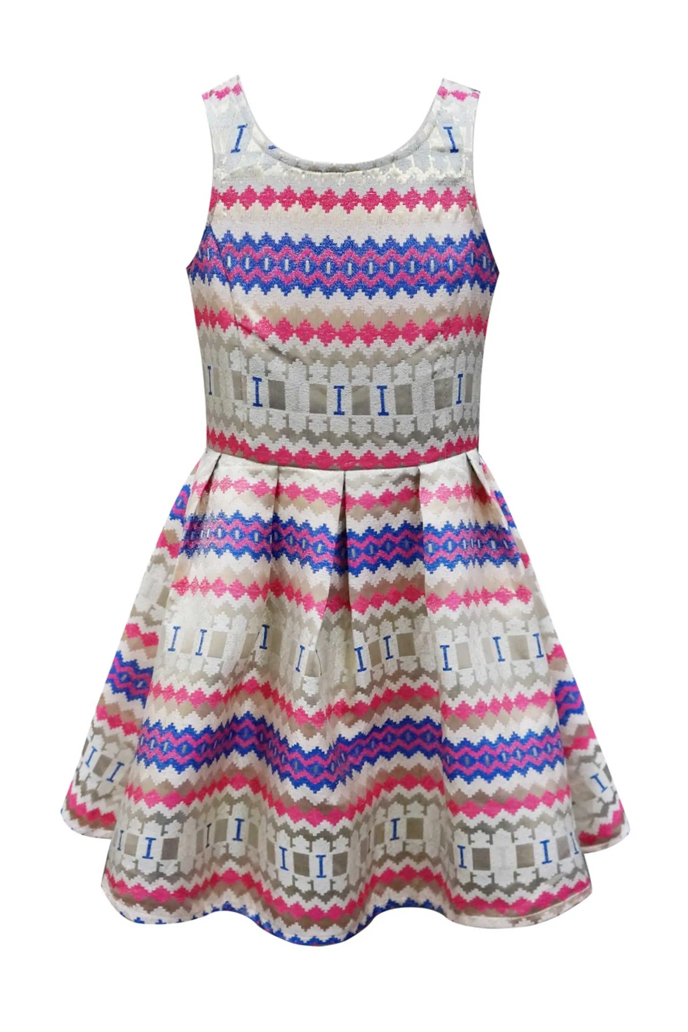 Girls Sleeveless Fit and Flare Geo Print Party Dress