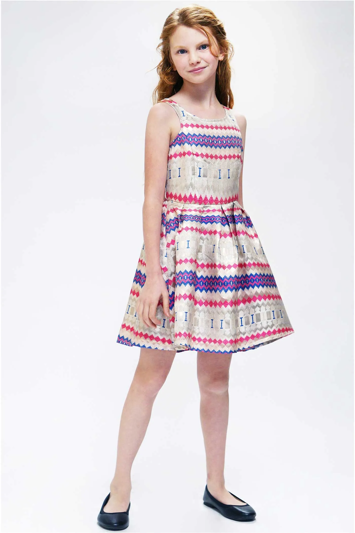 Girls Sleeveless Fit and Flare Geo Print Party Dress