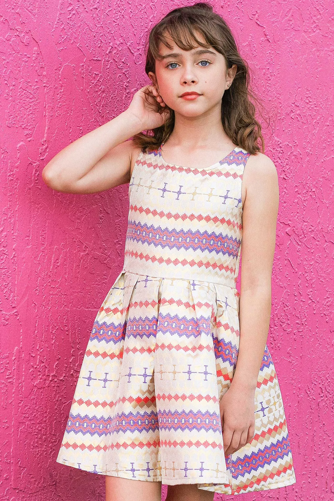 Girls Sleeveless Fit and Flare Geo Print Party Dress