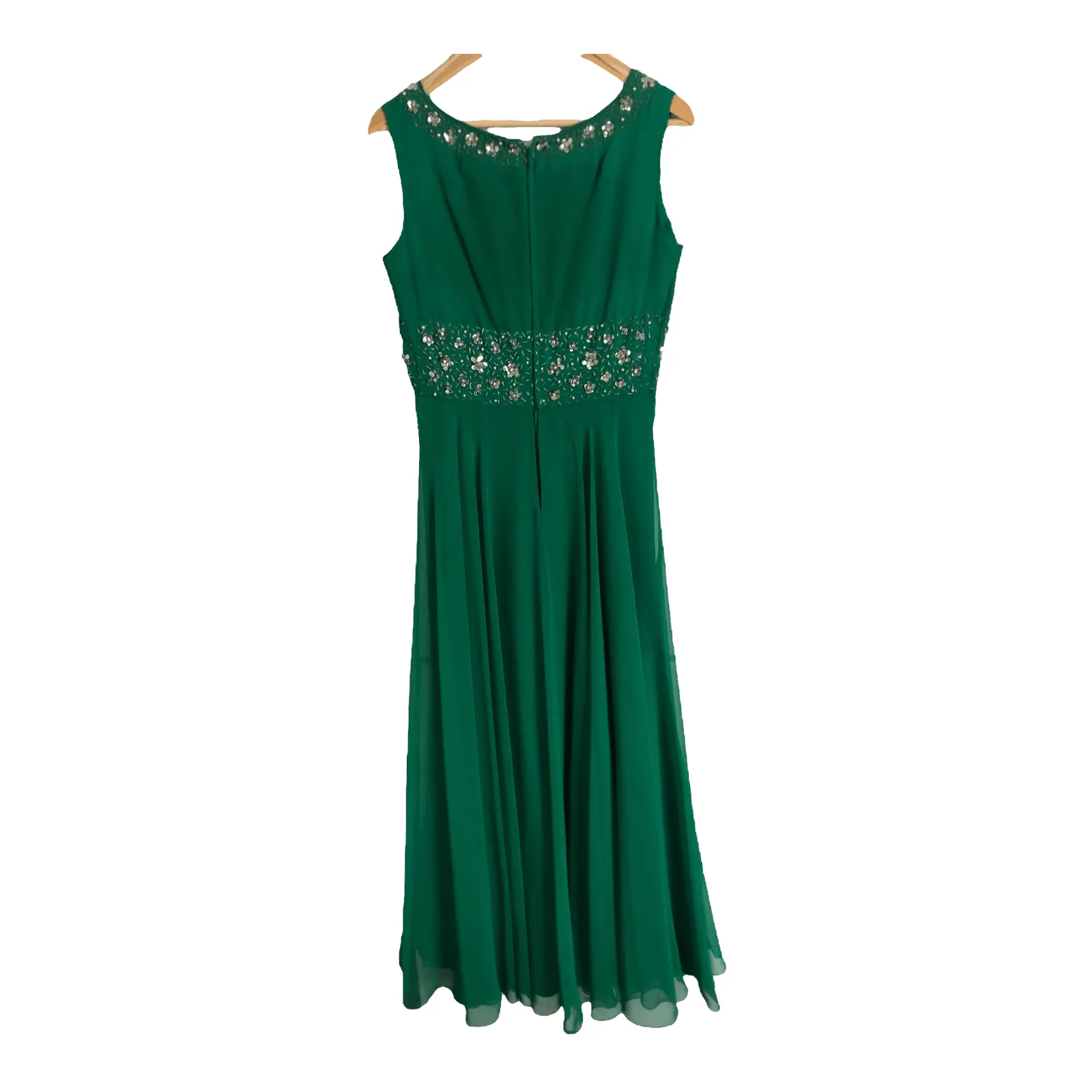 Global Vintage 100% Silk Sleeveless Beaded Maxi Cocktail Dress Emerald Green UK Size 10