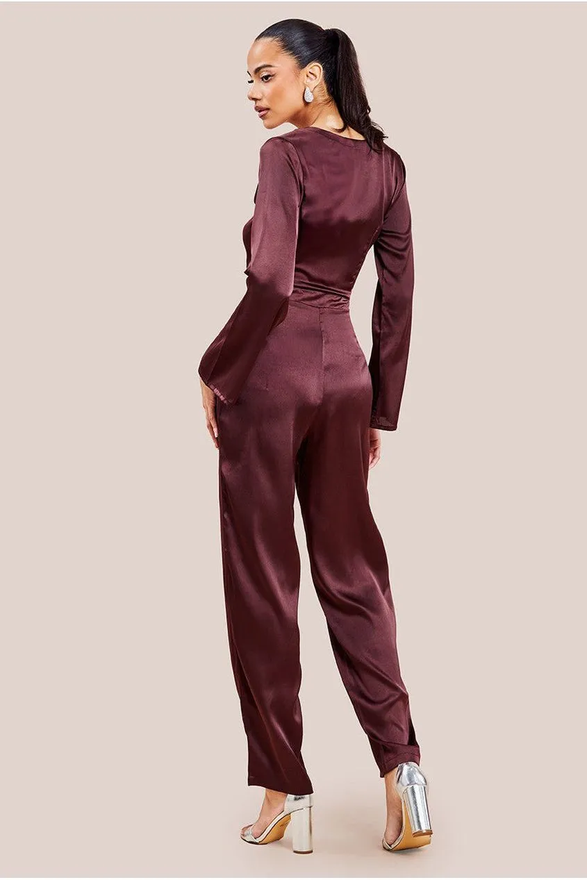 Goddiva Cut Out Satin Jumpsuit - Brown