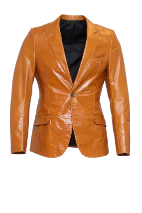 GOLDEN-BROWN FITTED 2-BUTTON SINGLE BREASTED LEATHER BLAZER