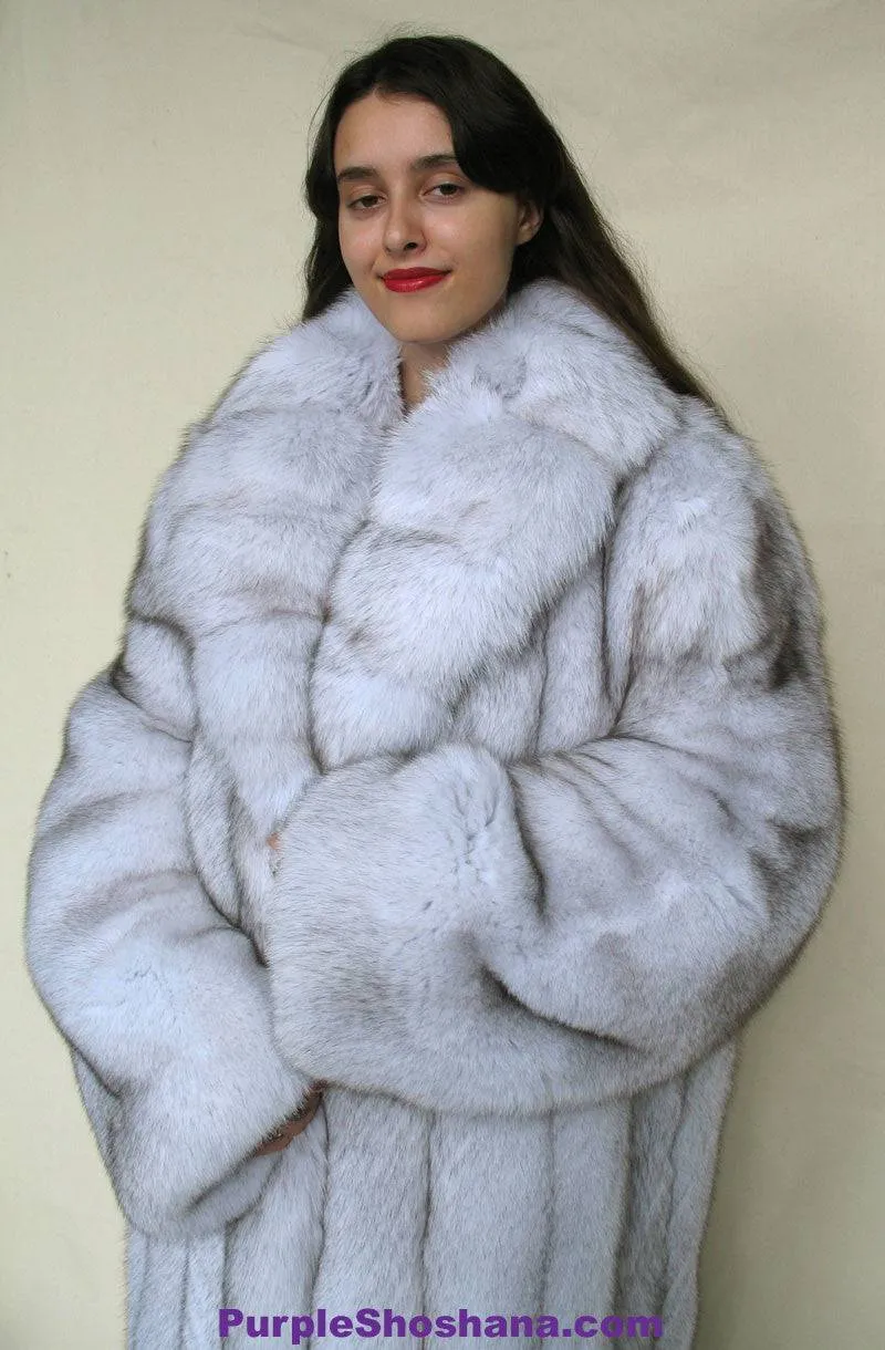 Gorgeous Plush Blue Fox Solid Silver Fur Coat Stroller M/L/XL  Made in Canada