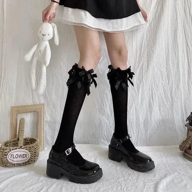 Gothic Lolita Fashion Black Knee High Socks with Frilly Cuffs