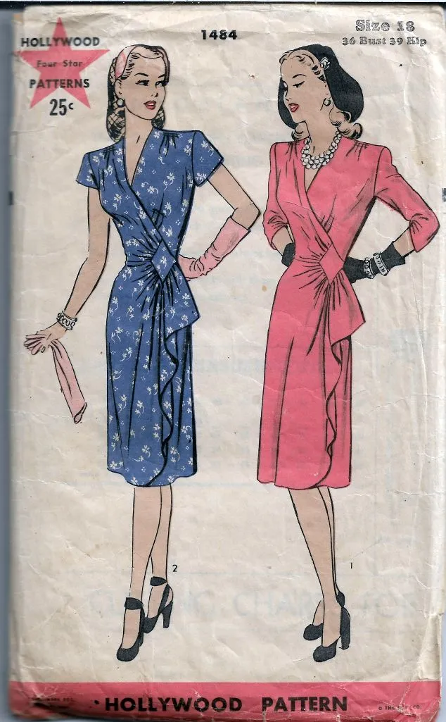 Hollywood 1484 Ladies Wrap Dress Vintage Pattern 1940s Unprinted